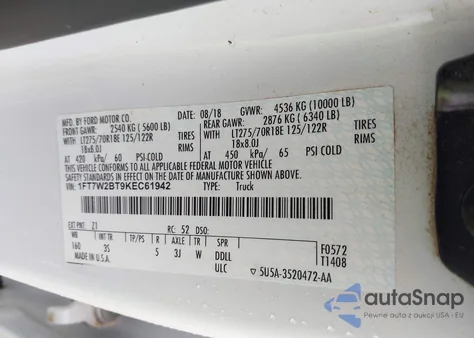 2019 Ford F-250 Xlt из США, поврежденный, VIN 1FT7W2BT9KEC61942